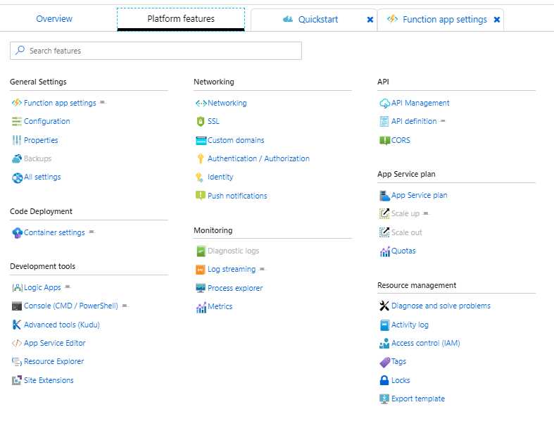 Function app platform features configuration
