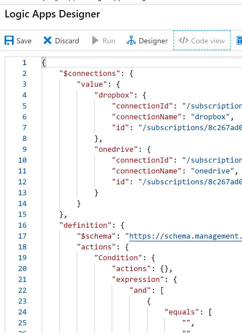 Logics Apps Designer code view