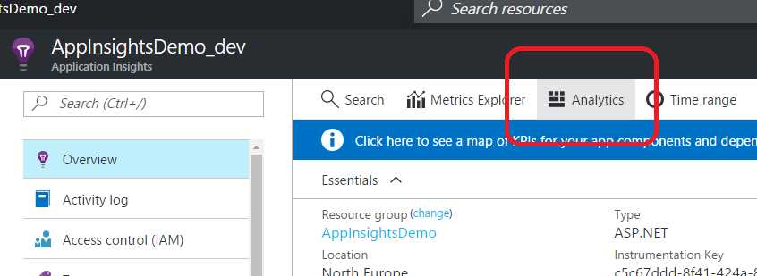 The Application Insights Analytics Button