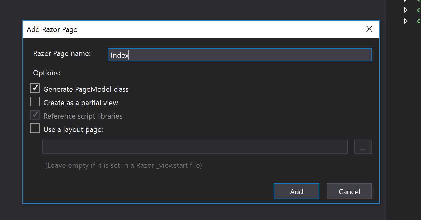 Add Razor Page Dialog