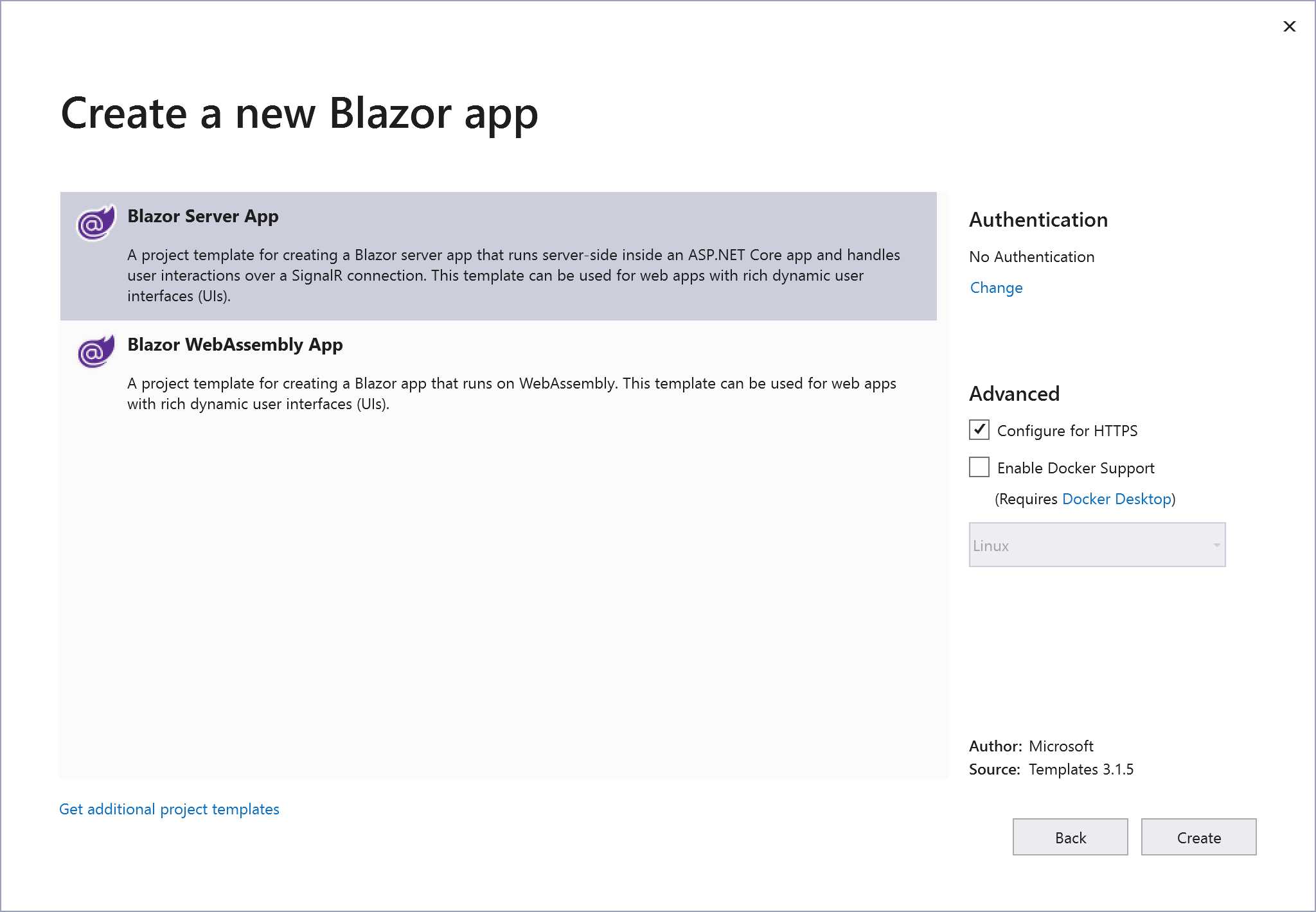 New Blazor Template Dialog