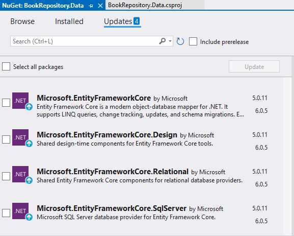 The NuGet Packages for the BookRepository.Data Project