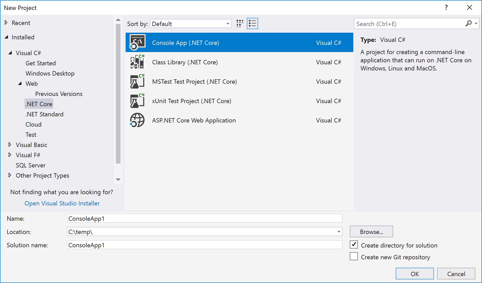 New Console Application Using Visual Studio 2017