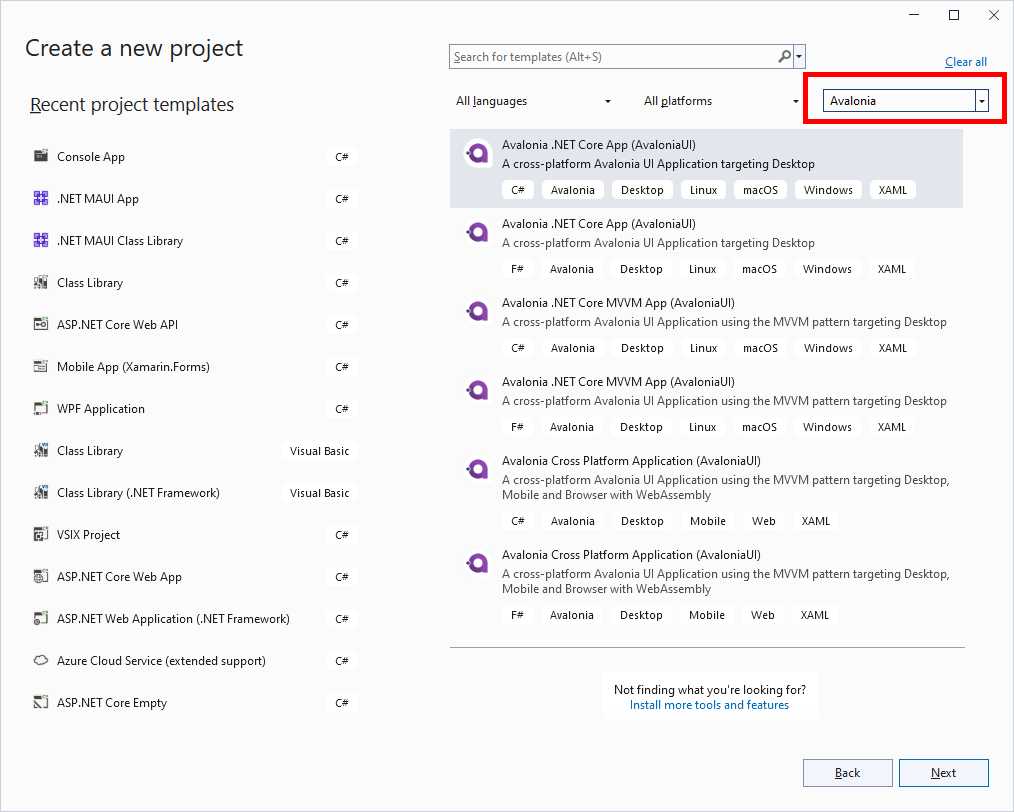 Displaying the list of Avalonia project templates