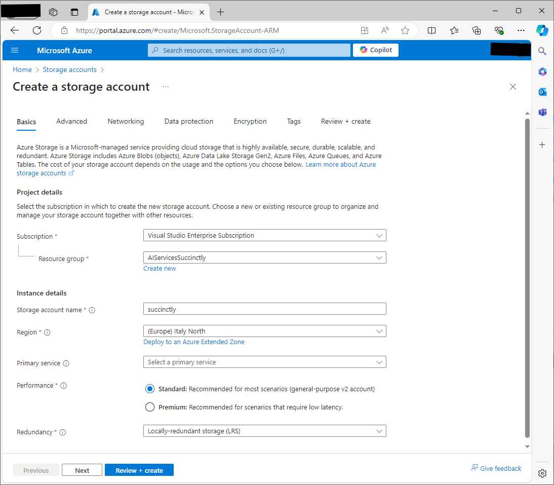 Assigning settings to the new Azure Storage account