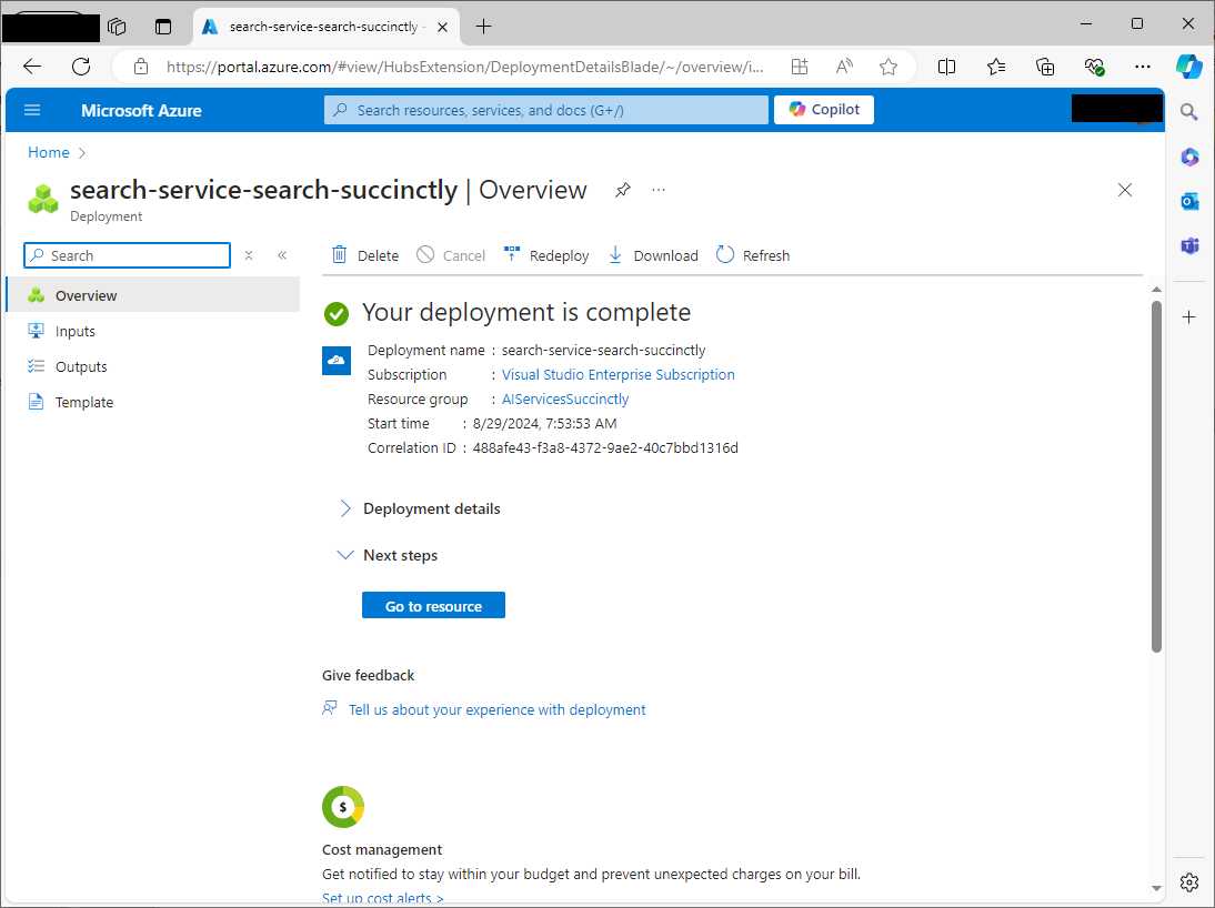 Deployment completion for the AI Search service