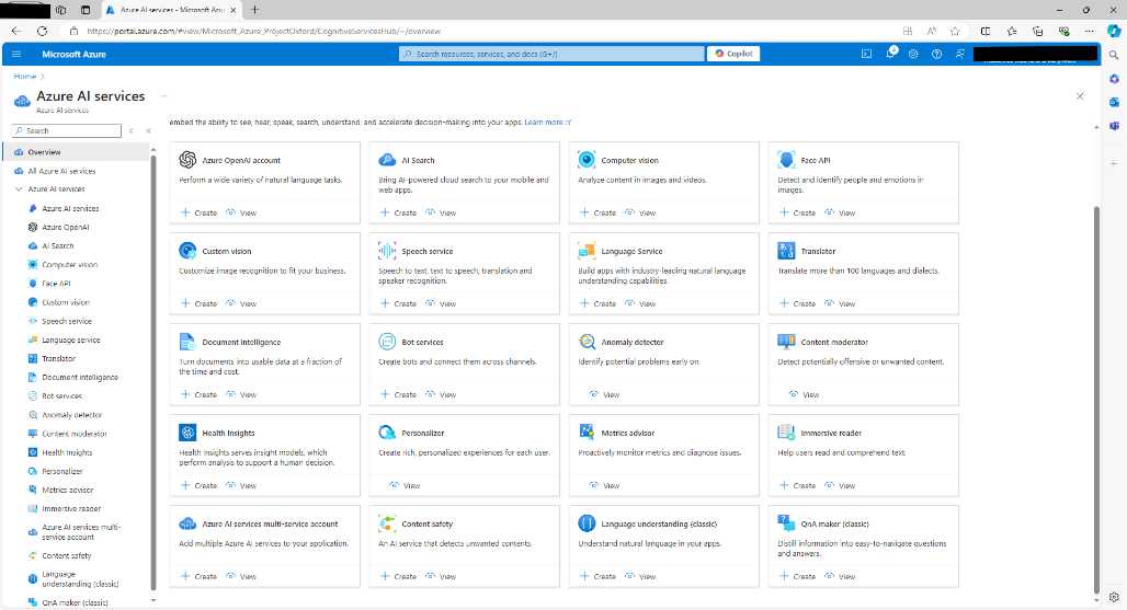 Full list of Azure AI Services