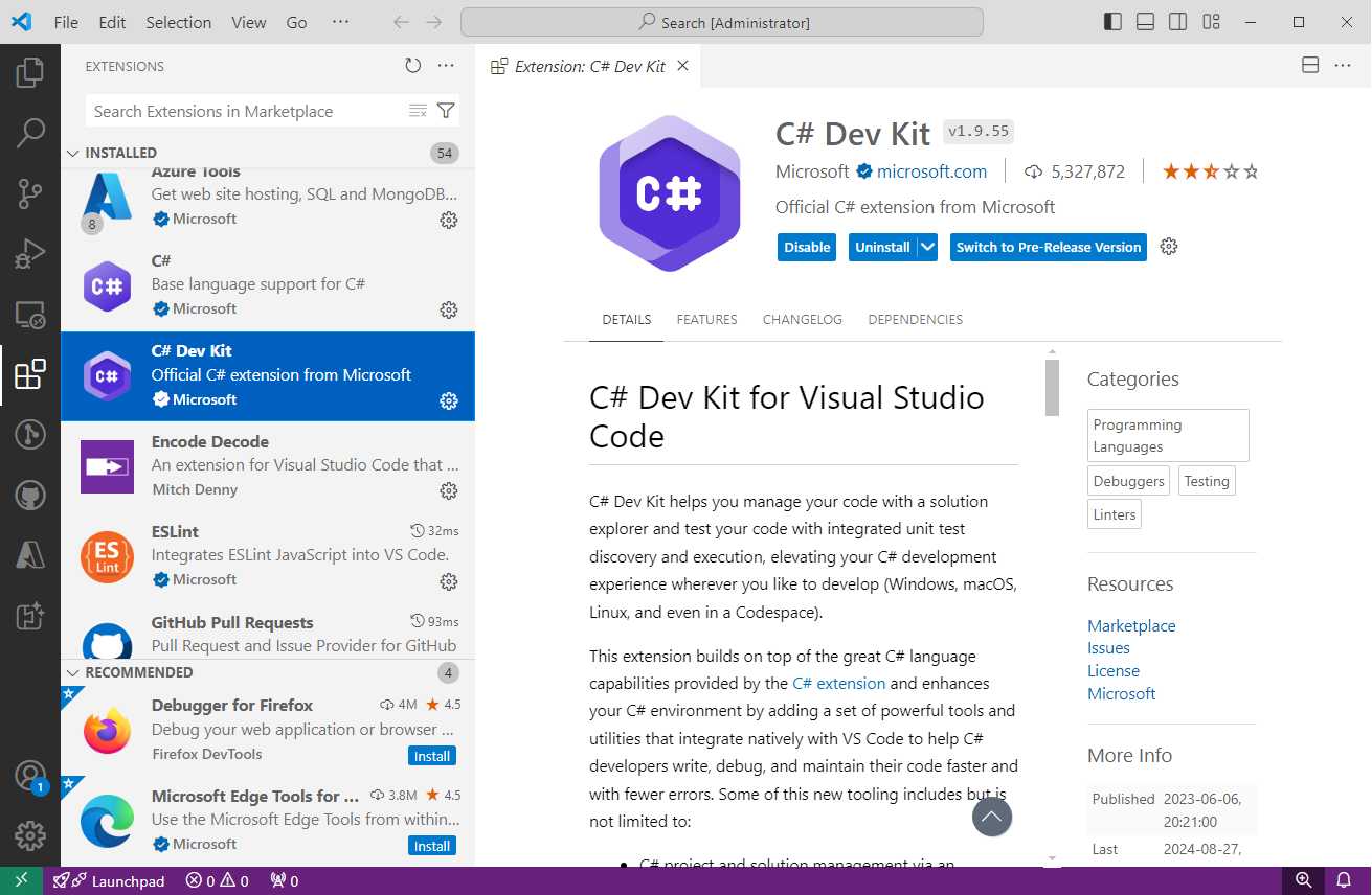 Installing the C# DevKit extension for VS Code