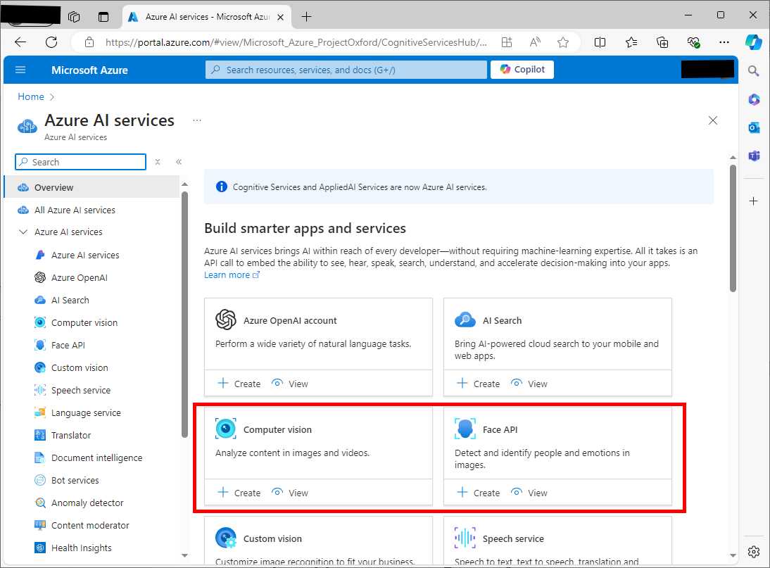 Locating the Computer Vision and Face API groups