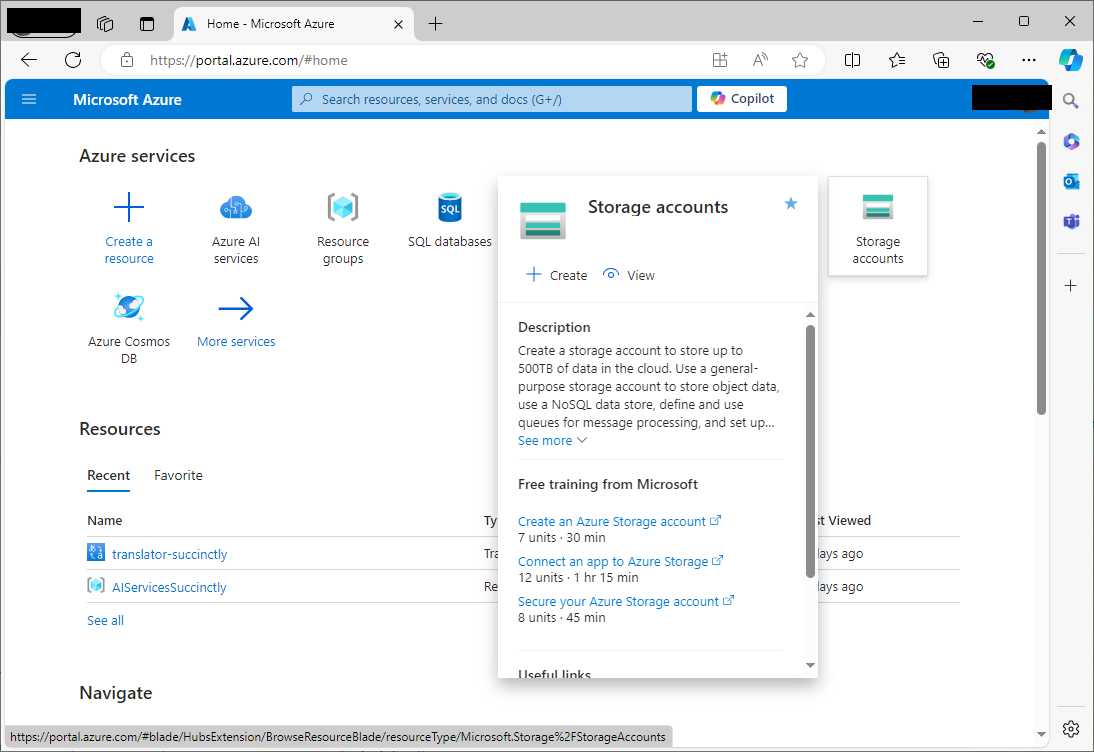 Locating the Storage accounts service in the Azure Portal dashboard