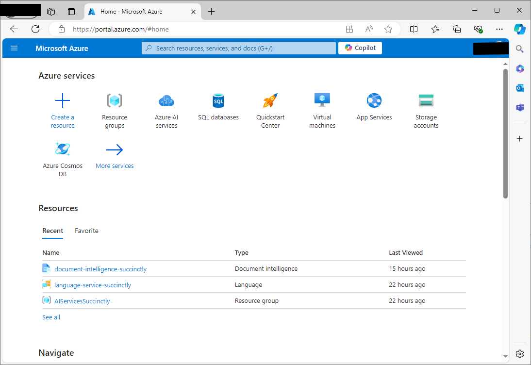 The dashboard of the Azure Portal