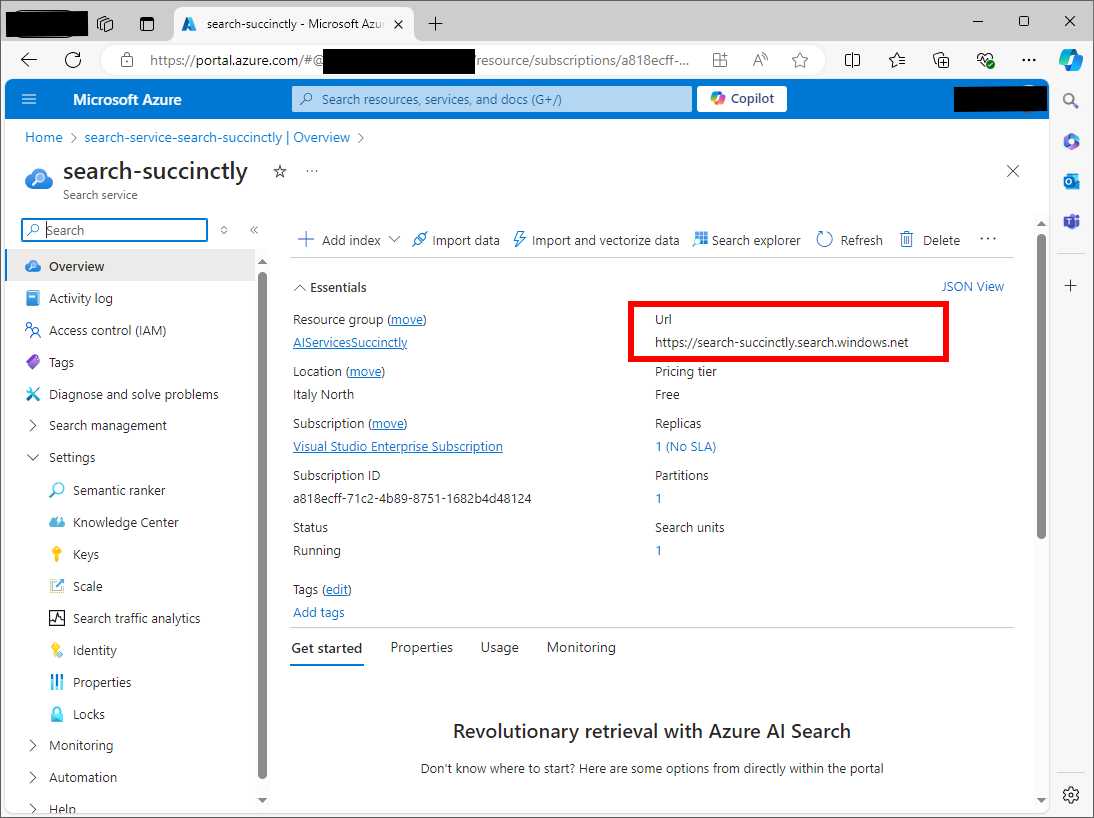 The main page of the AI Search service