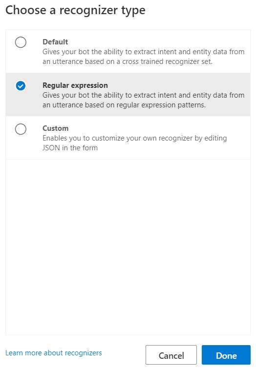 Choose a recognizer type Window