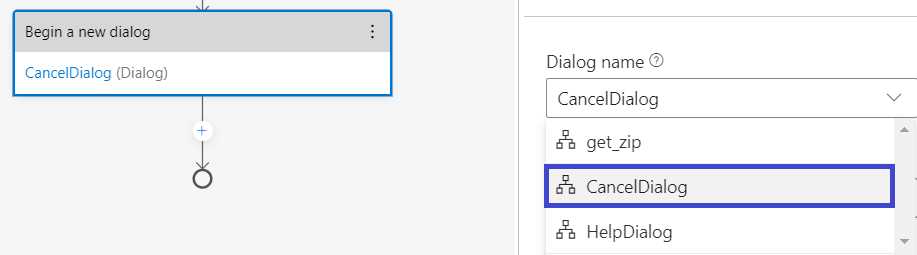 Composer – Cancel – Begin a new dialog – Dialog name – CancelDialog