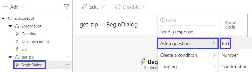 Composer – get_zip – BeginDialog – Ask a question – Text