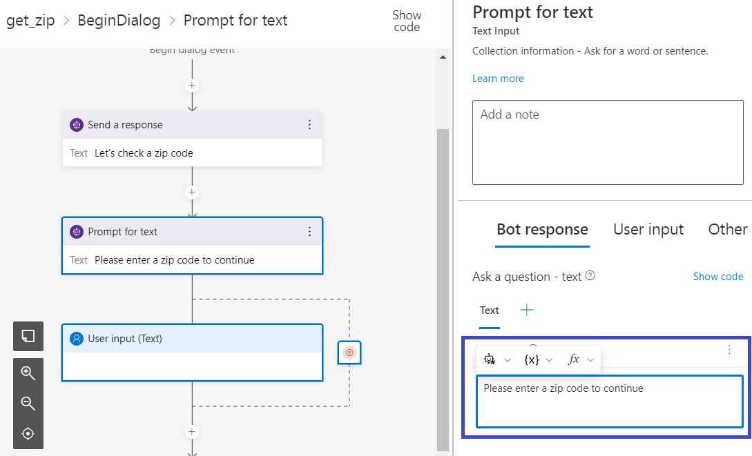Composer – get_zip – BeginDialog – Prompt for text