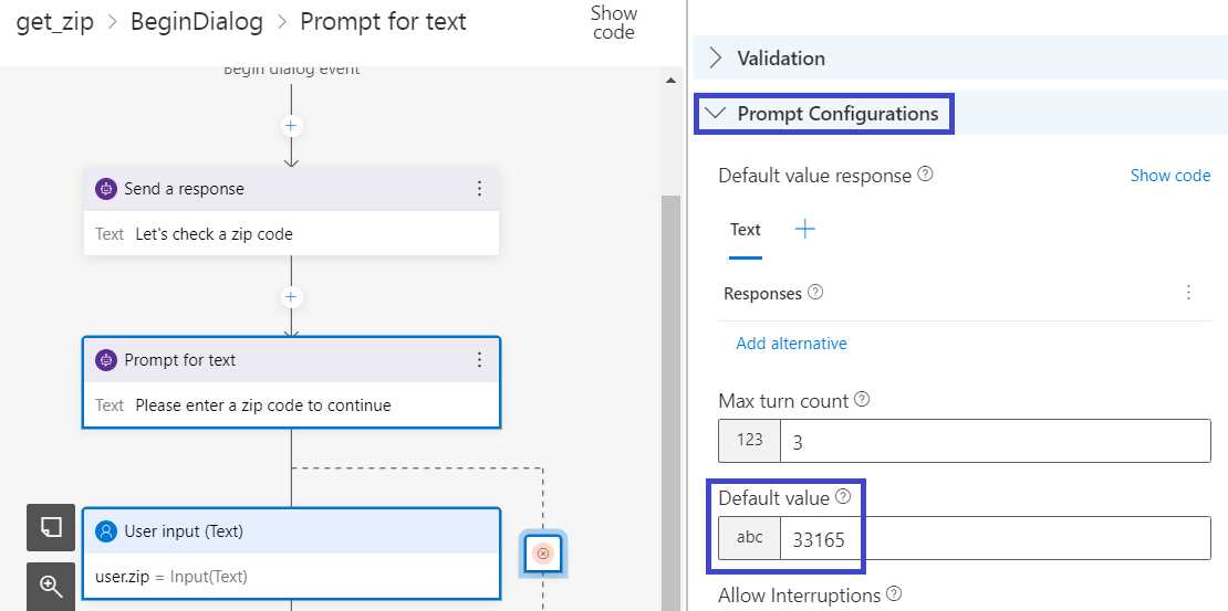 Composer – get_zip – BeginDialog – User input (Text) – Other – Prompt Configurations