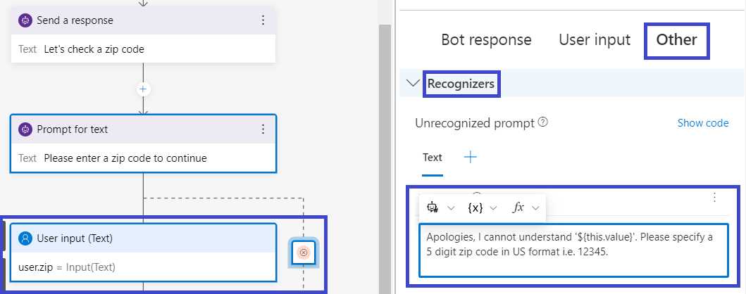 Composer – get_zip – BeginDialog – User input (Text) – Other – Unrecognized prompt