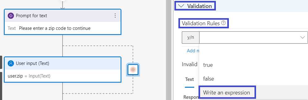 Composer – get_zip – BeginDialog – User input (Text) – Other – Validation Rules