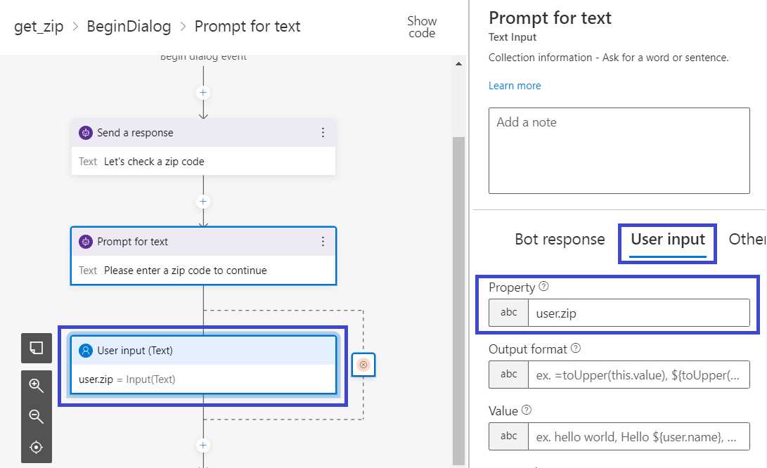 Composer – get_zip – BeginDialog – User input