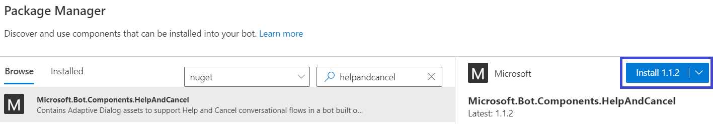 Composer – Package Manager – Microsoft.Bot.Components.HelpAndCancel (2)
