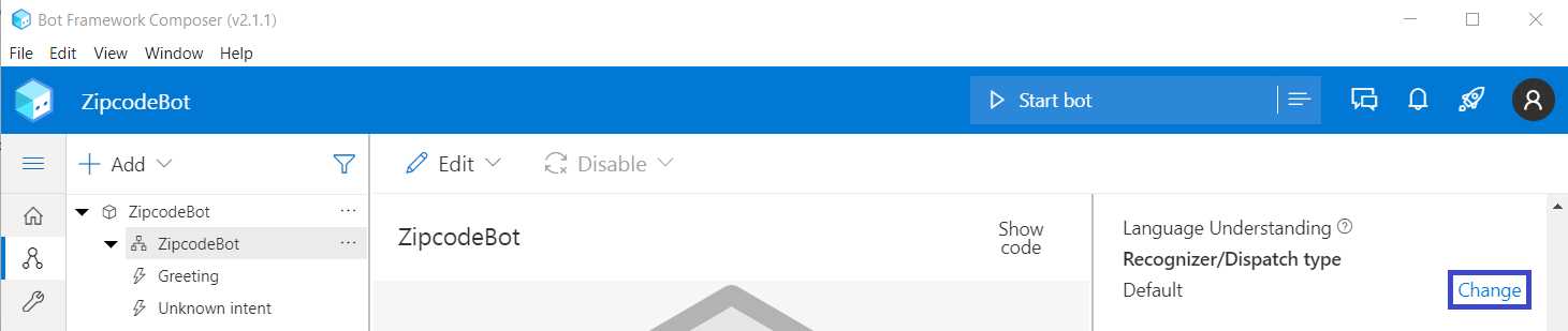 Composer – Properties Pane – Recognizer/Dispatch type – Change