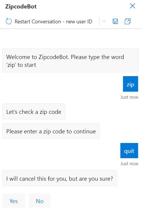 Composer – ZipcodeBot Conversation – Using the CancelDialog (1)