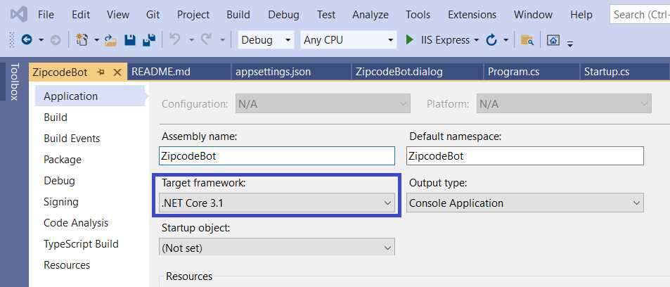 ZipcodeBot Properties – Visual Studio
