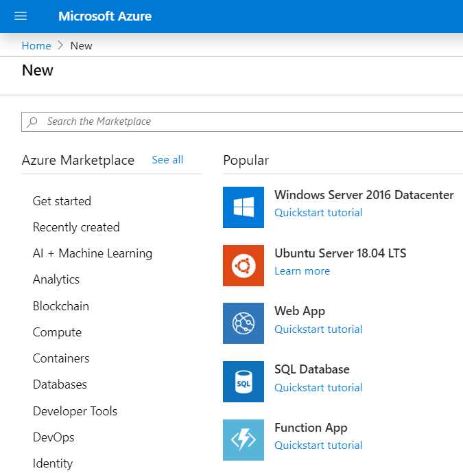 Azure Resources Options (via the Create a Resource Button)