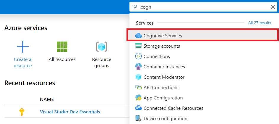 Azure Resources Options (via the Search Bar)
