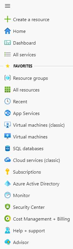 Azure Resources Options (via the Sidebar Menu)