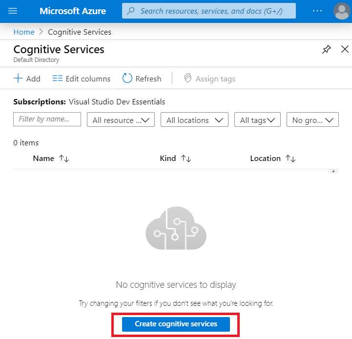 Cognitive Services (Main Screen)