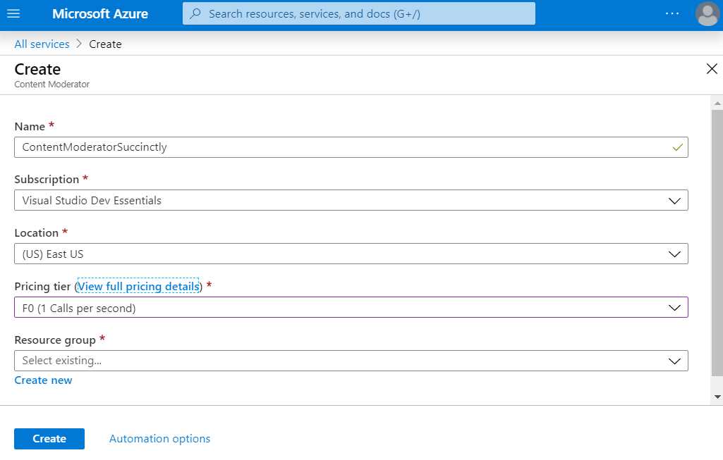 Create Content Moderator (Azure Portal)