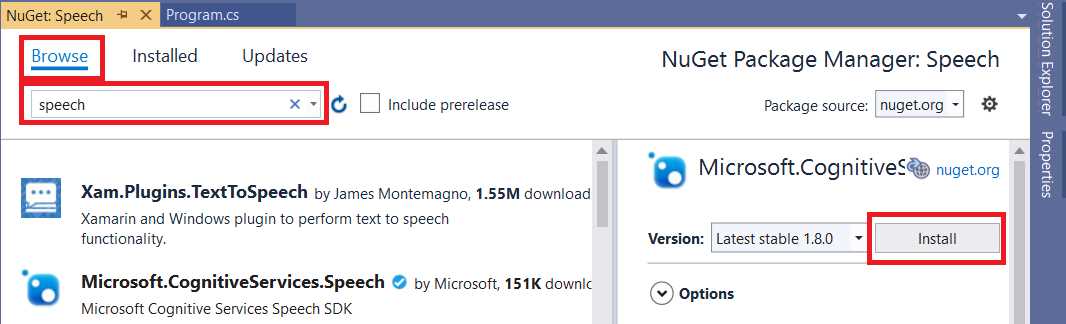 NuGet Package Manager—Speech SDK