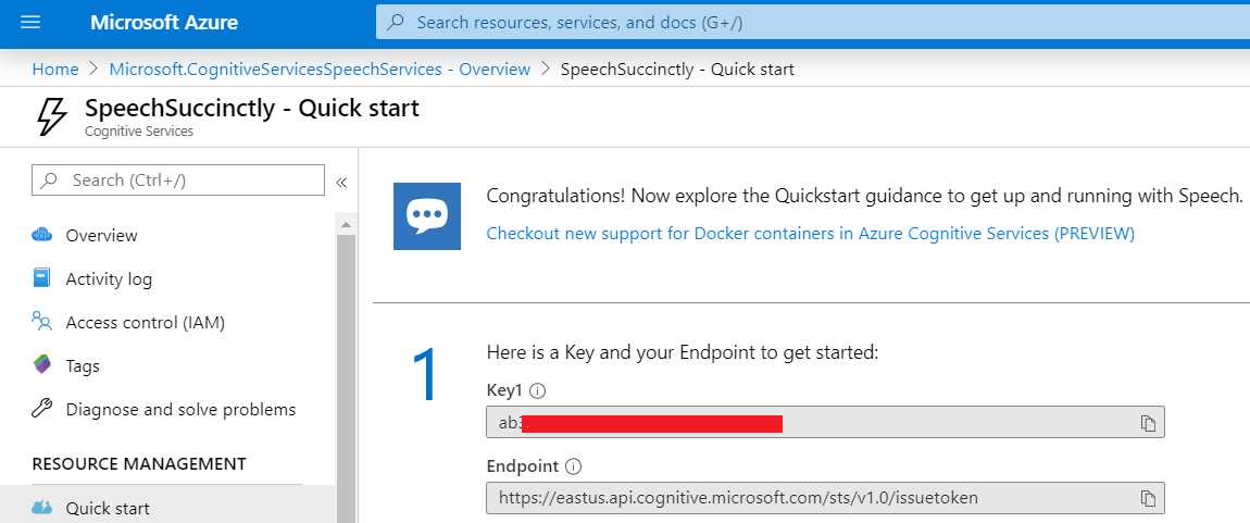 Speech Service Quick Start Page