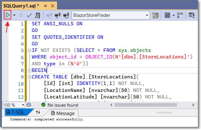 Execute SQL Script to Create StoreLocations Table