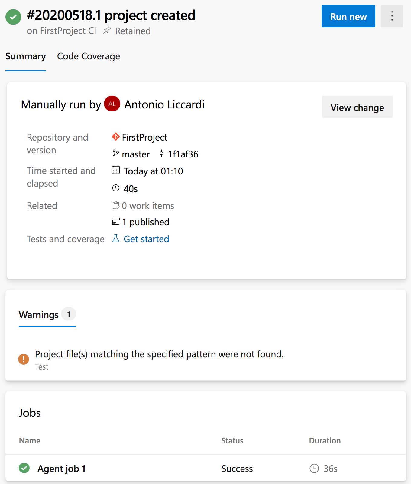 The build summary page