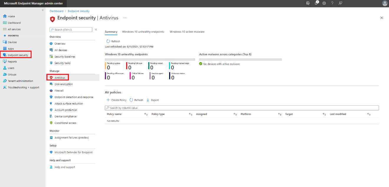 Antivirus Management inside the MEM Console