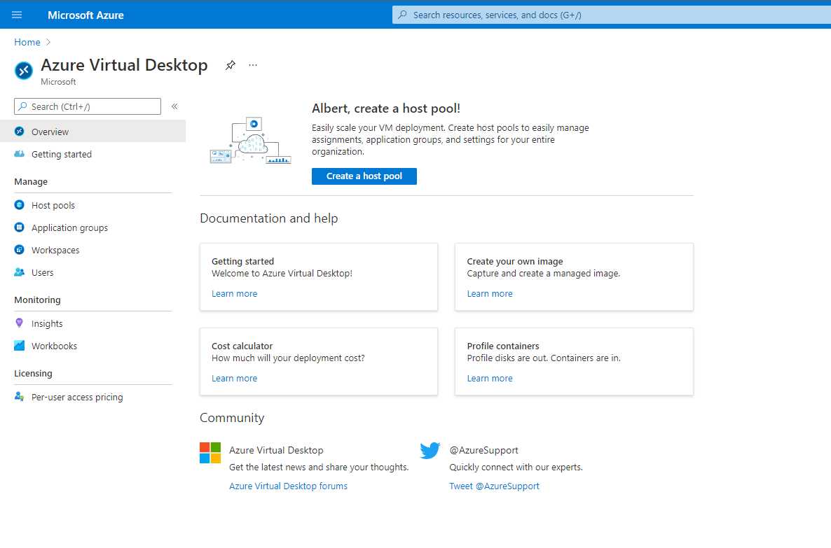Azure Virtual Desktop Management Console inside the Azure Portal