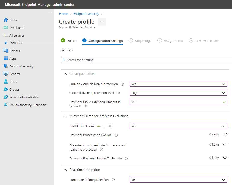 Defender Antivirus Policy in Microsoft Intune