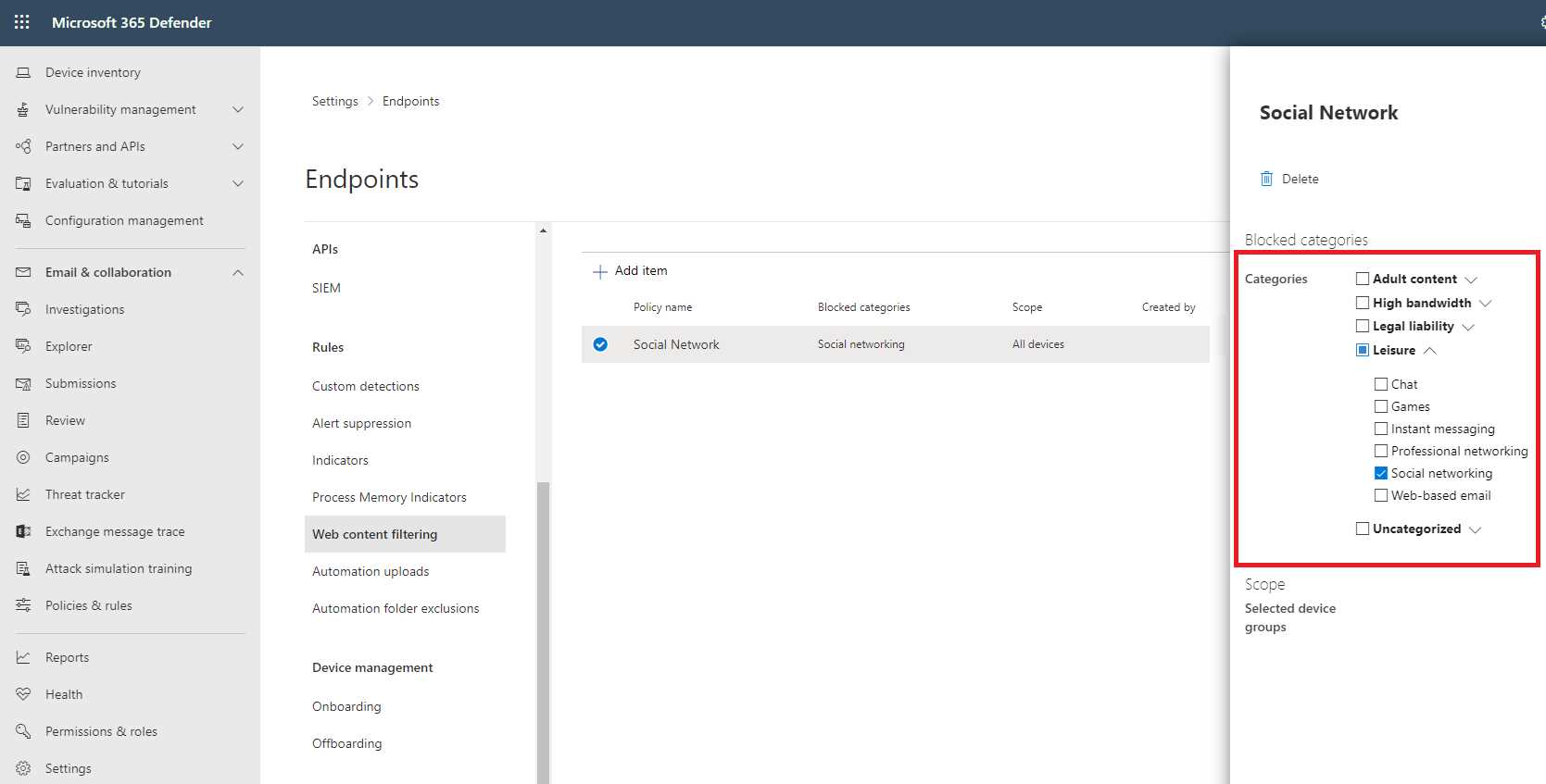 Microsoft Defender for Endpoint Web Categories