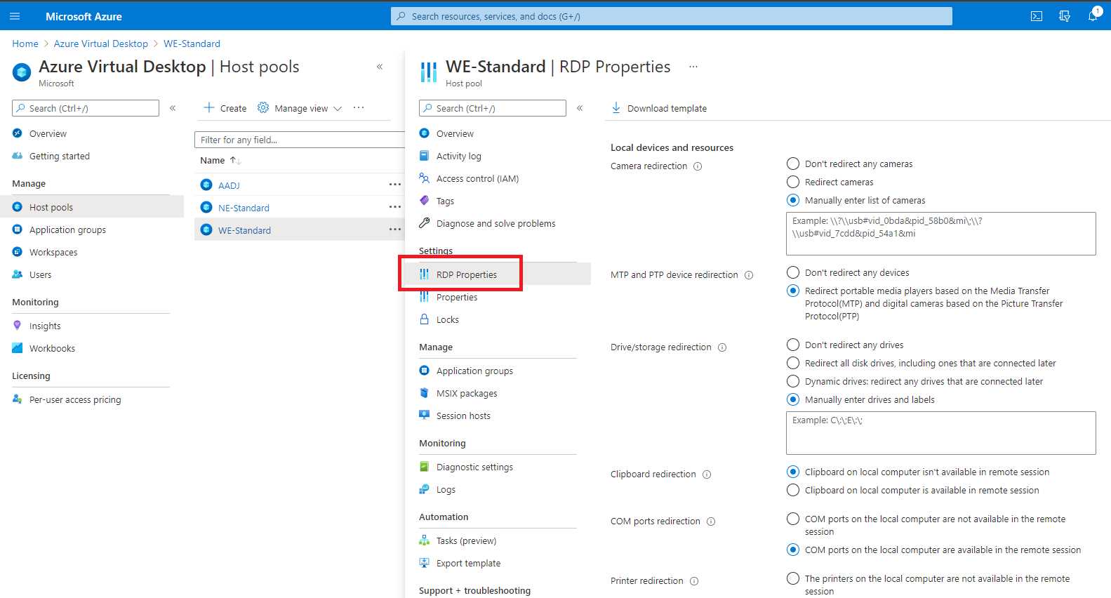 RDP Properties in the Azure Virtual Desktop Console