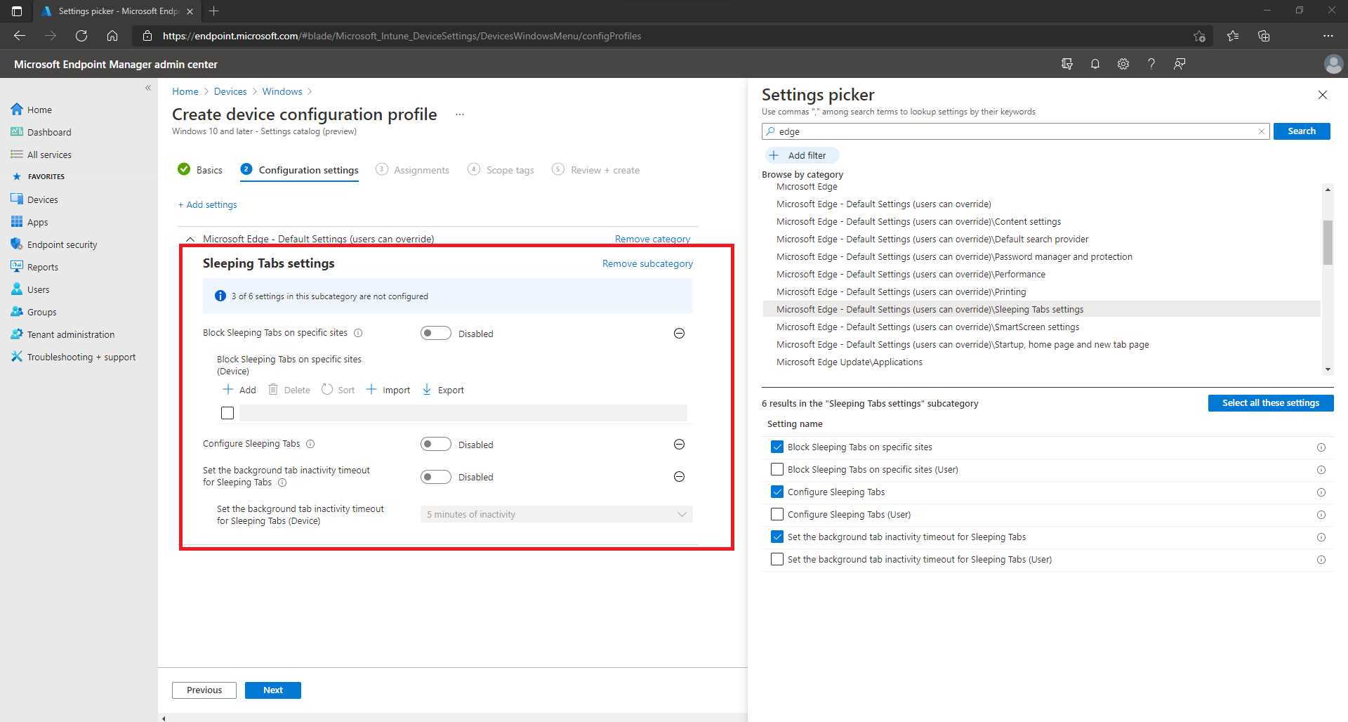 Sleeping Tabs Settings with Microsoft Intune