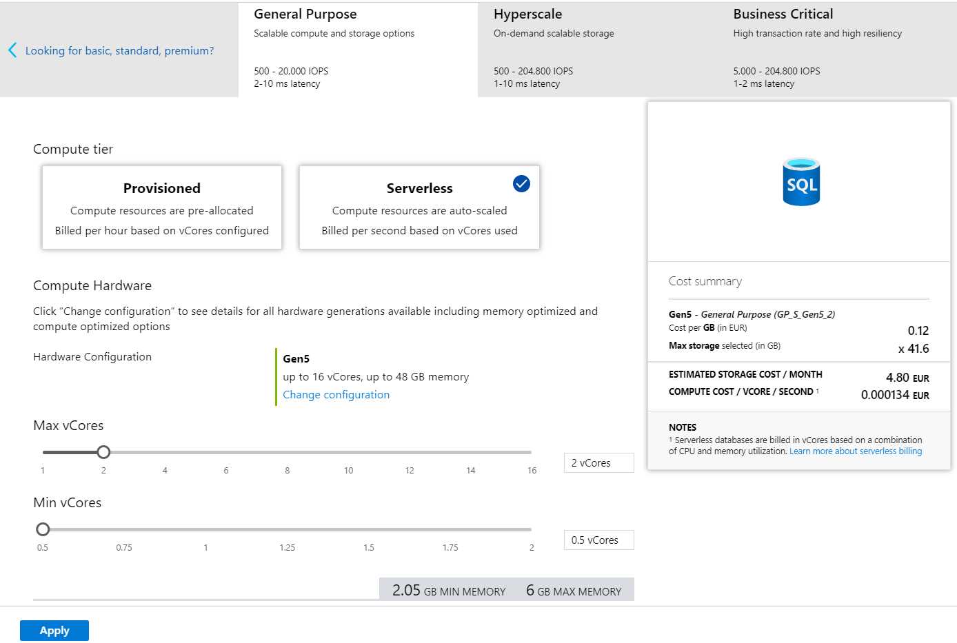 Azure SQL Pricing Tiers