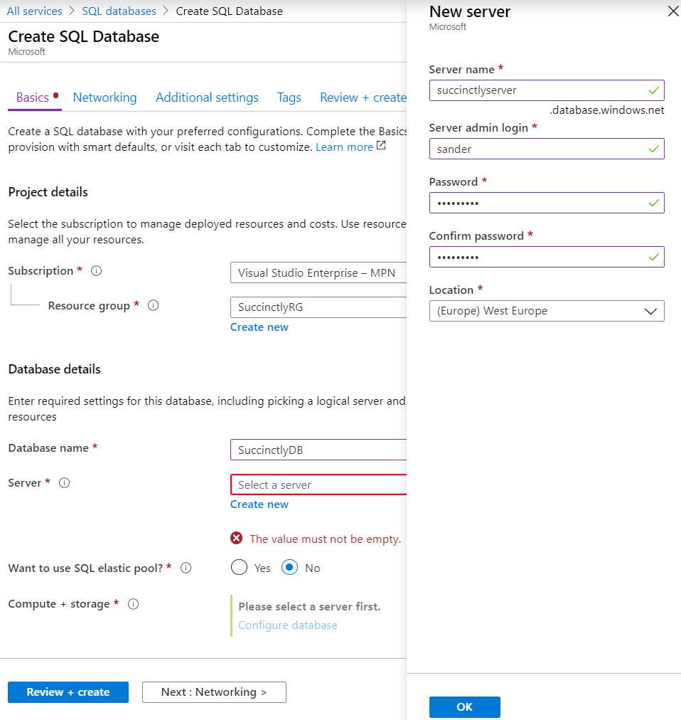 Creating a New Azure SQL Database and Server