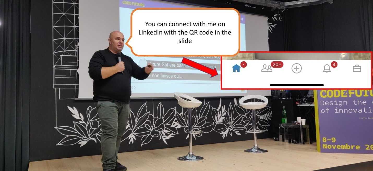 Author promoting his QR code to connect with people on LinkedIn at the end of a session, and actual results after that session.