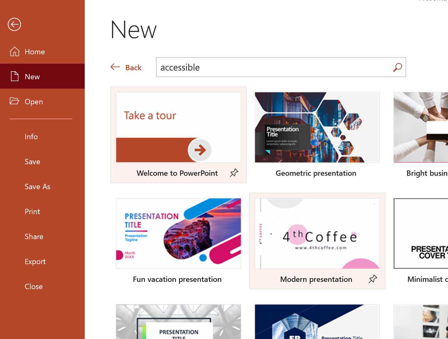 Finding accessible templates in PowerPoint.