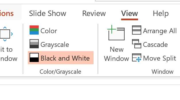 Look at your presentation without relying on colors, with Grayscale or Black and White views.