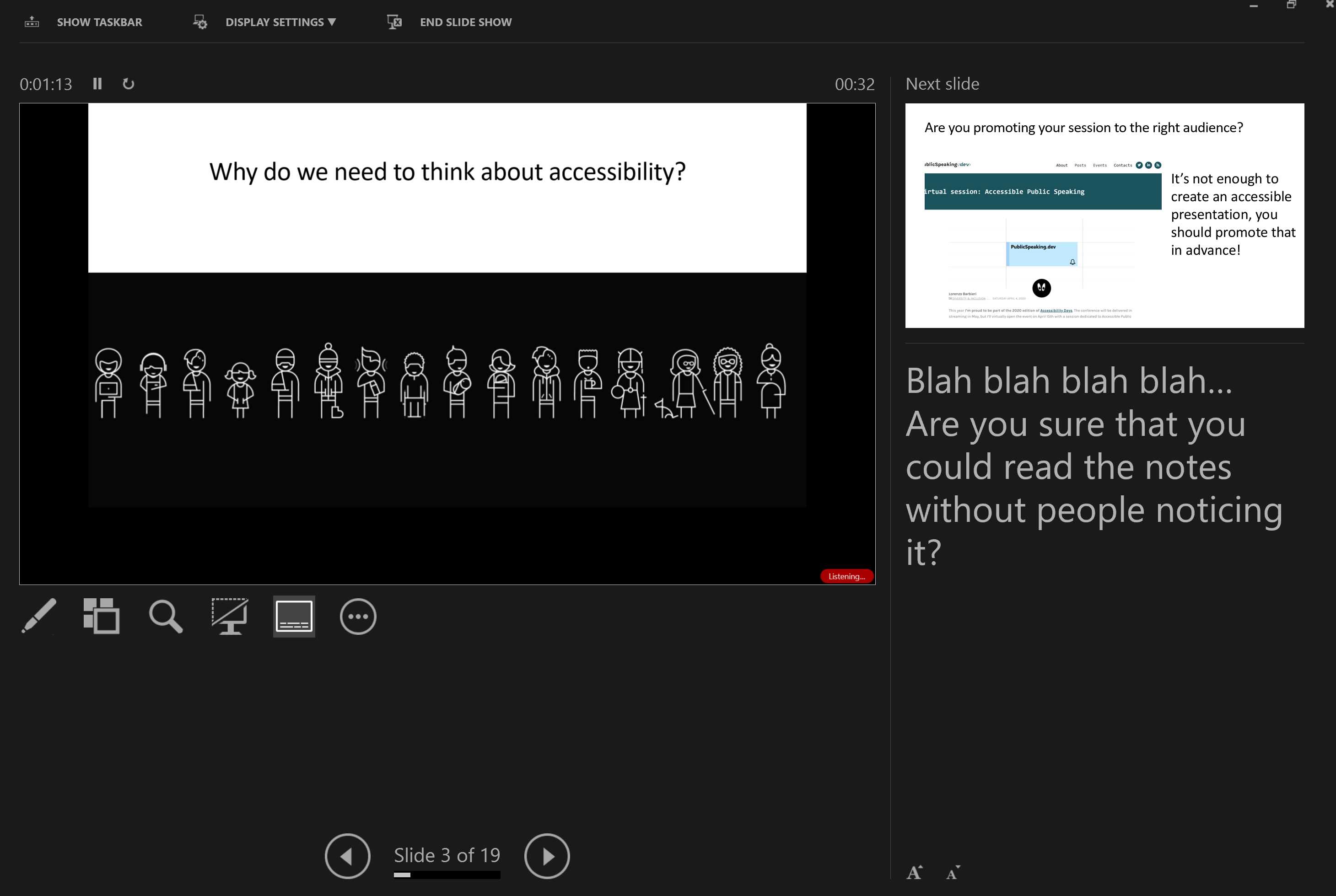 Presenter View in PowerPoint, with the next slide and the notes.