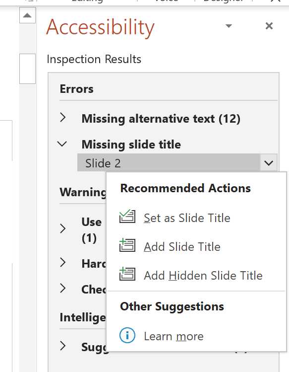 Recommended actions to fix accessibility.